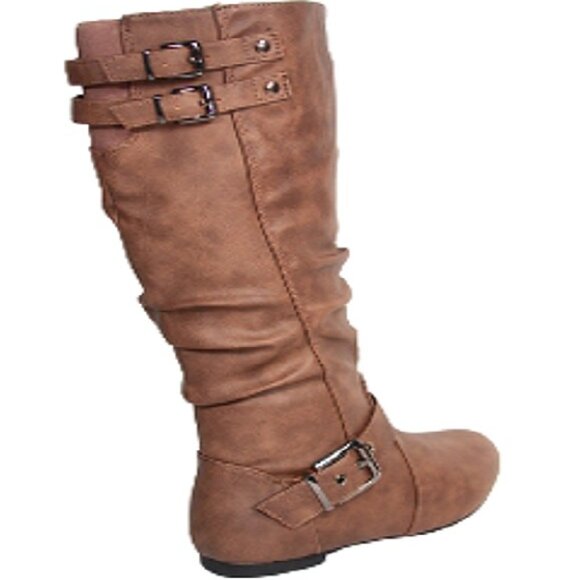 Top Moda Tan Slouch Mid-Calf Boots – Round Toe Buckle Detail Flat Heel Casual - Picture 5 of 5